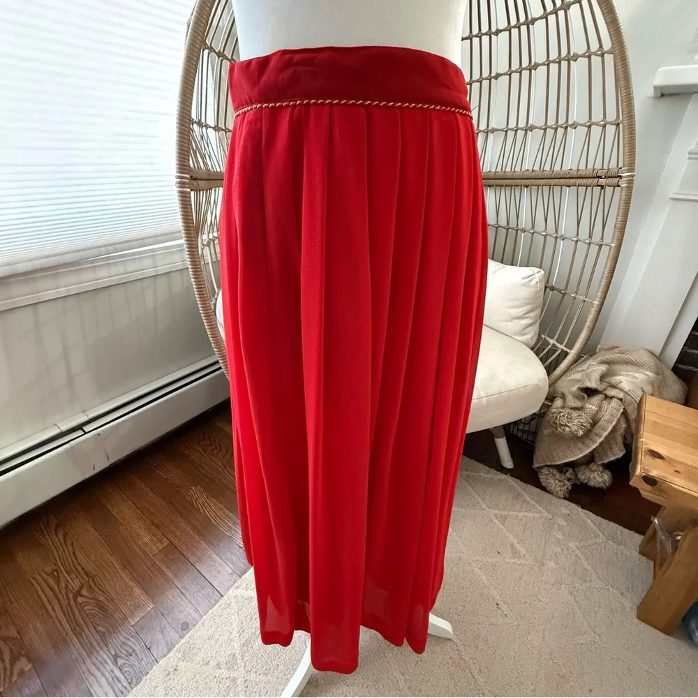 Vintage Herman Geist Red Pleated Midi Skirt Gold Trim Made In USA Size 12